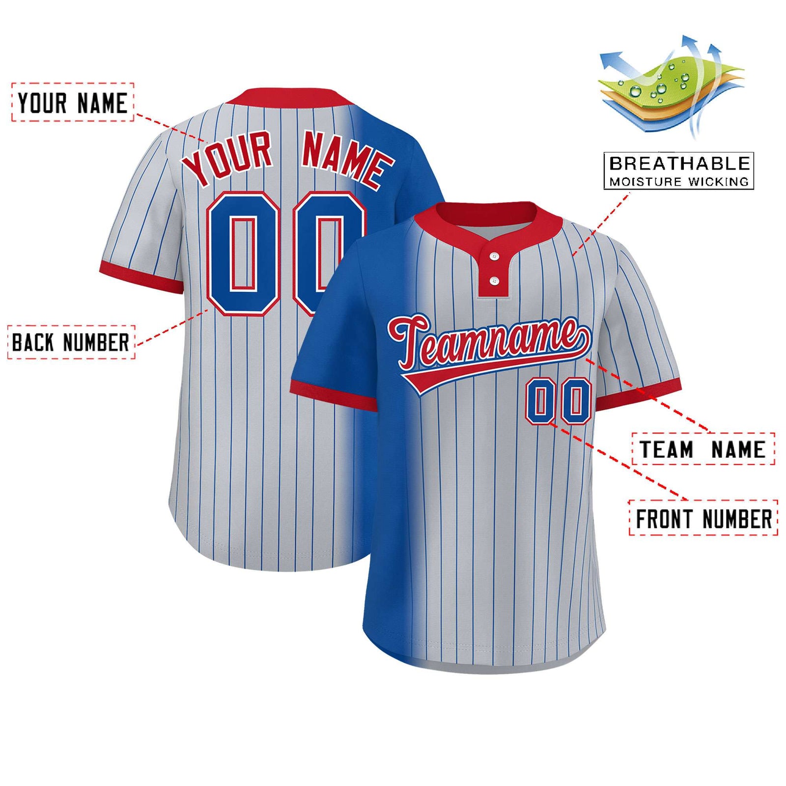 Custom Royal Gray-Red Gradient Stripe Fashion Authentic Two-Button Softball Jersey
