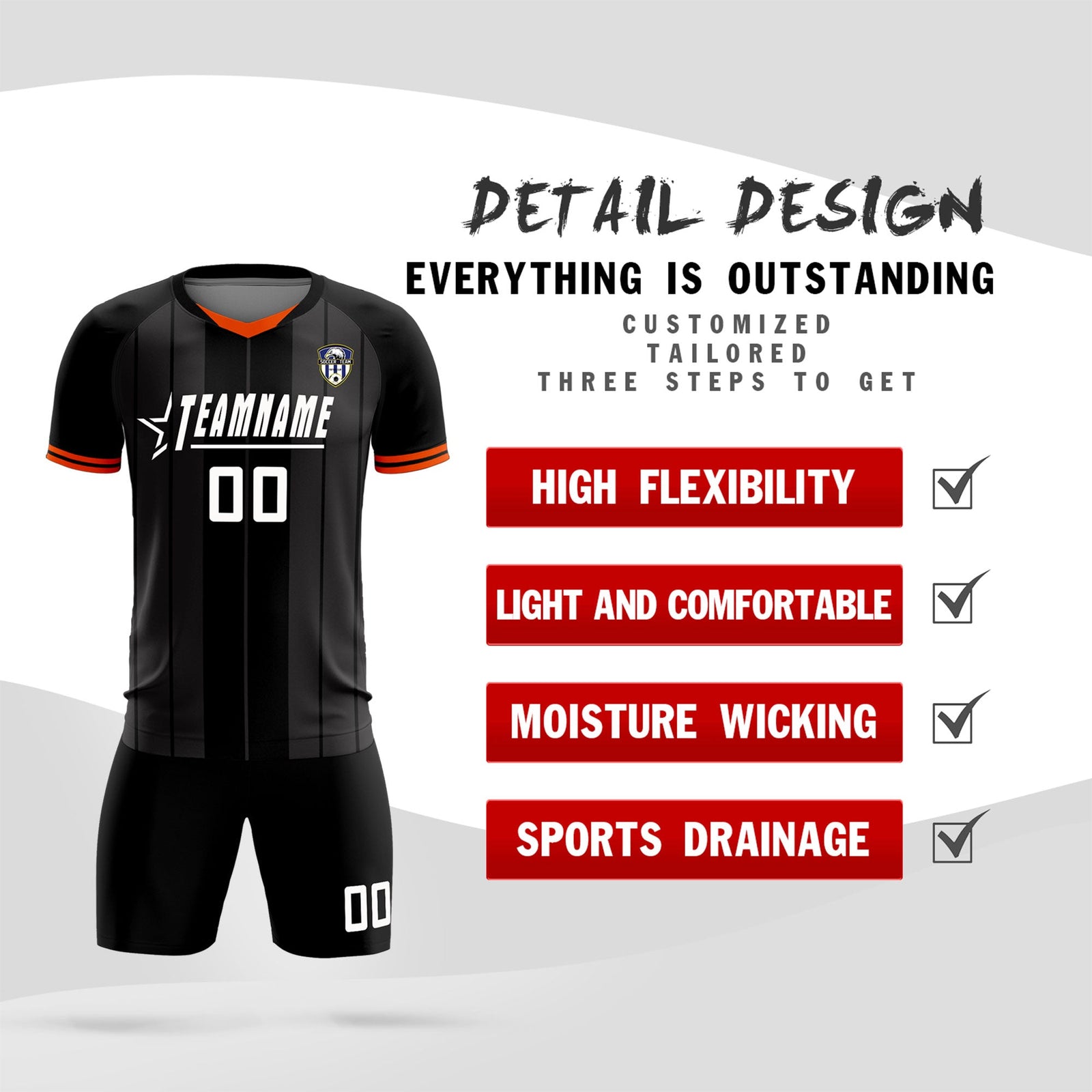 Custom Black Classic Striped Personalized Soccer Tops/Sets Jersey