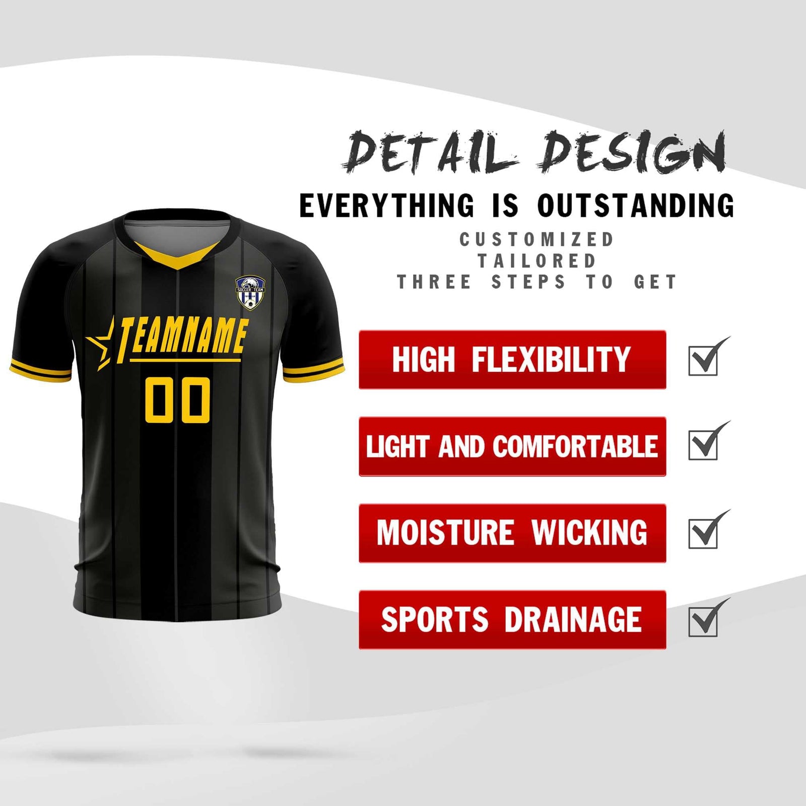 Custom Black Classic Striped Personalized Soccer Tops/Sets Jersey