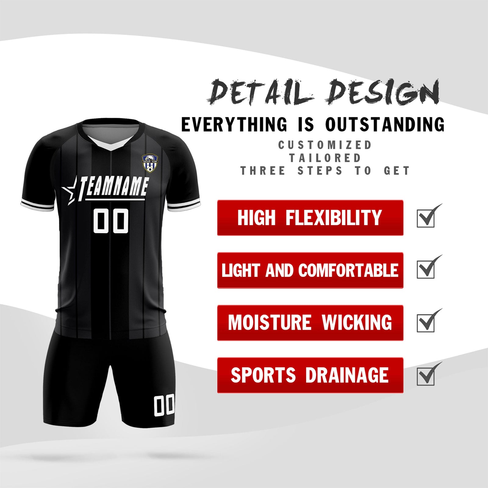 Custom Black Classic Striped Personalized Soccer Tops/Sets Jersey