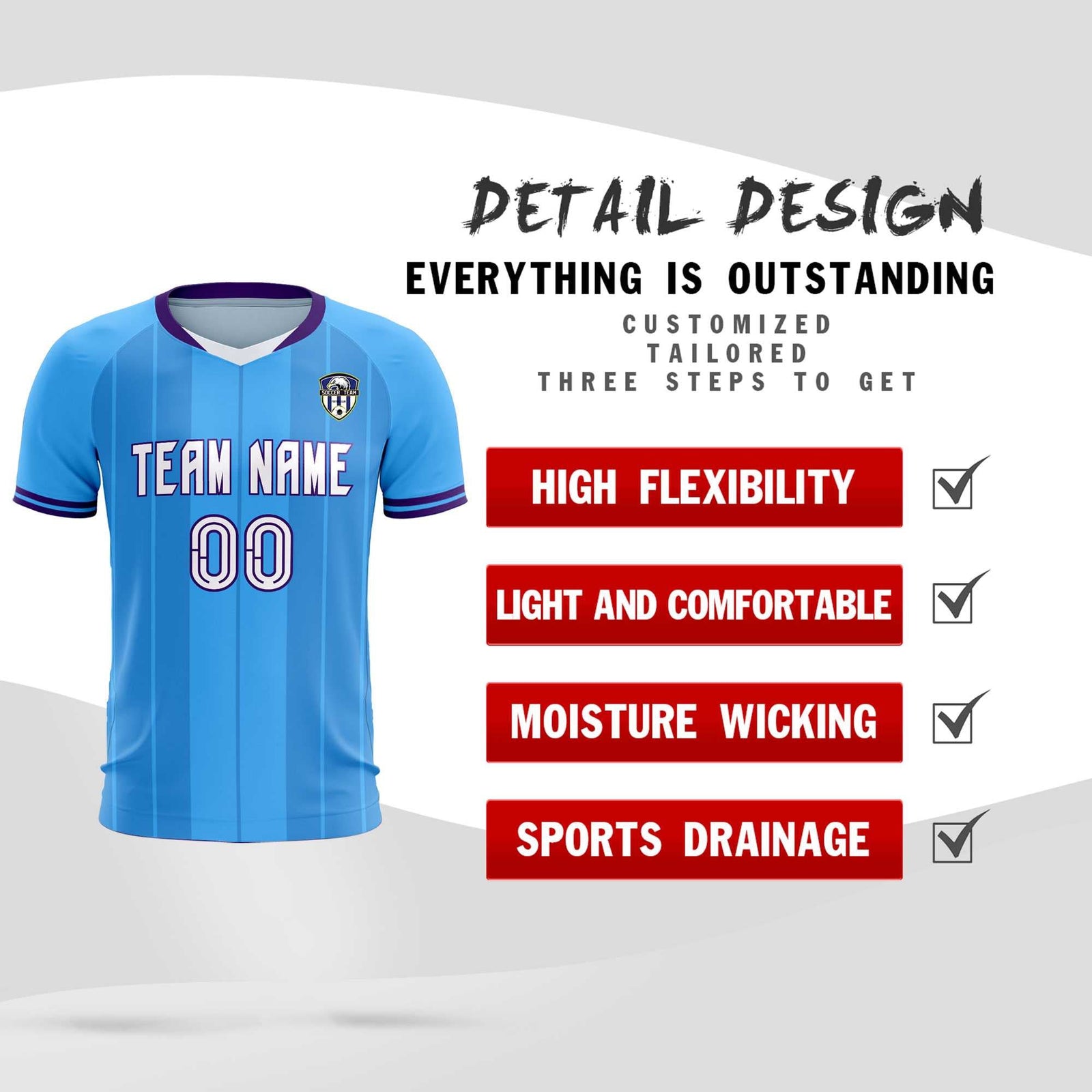 Custom Powder Blue Classic Striped Personalized Soccer Tops/Sets Jersey