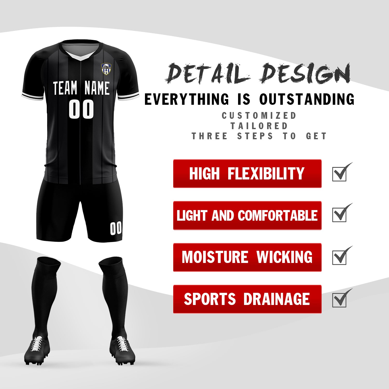 Custom Black Classic Striped Personalized Soccer Tops/Sets Jersey