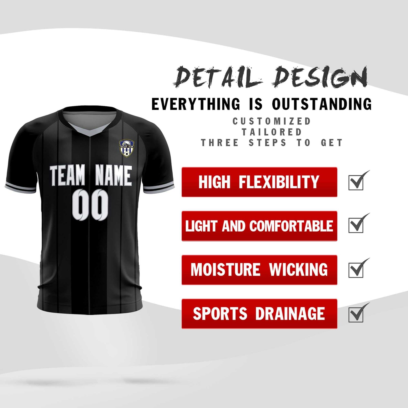 Custom Black Classic Striped Personalized Soccer Tops/Sets Jersey
