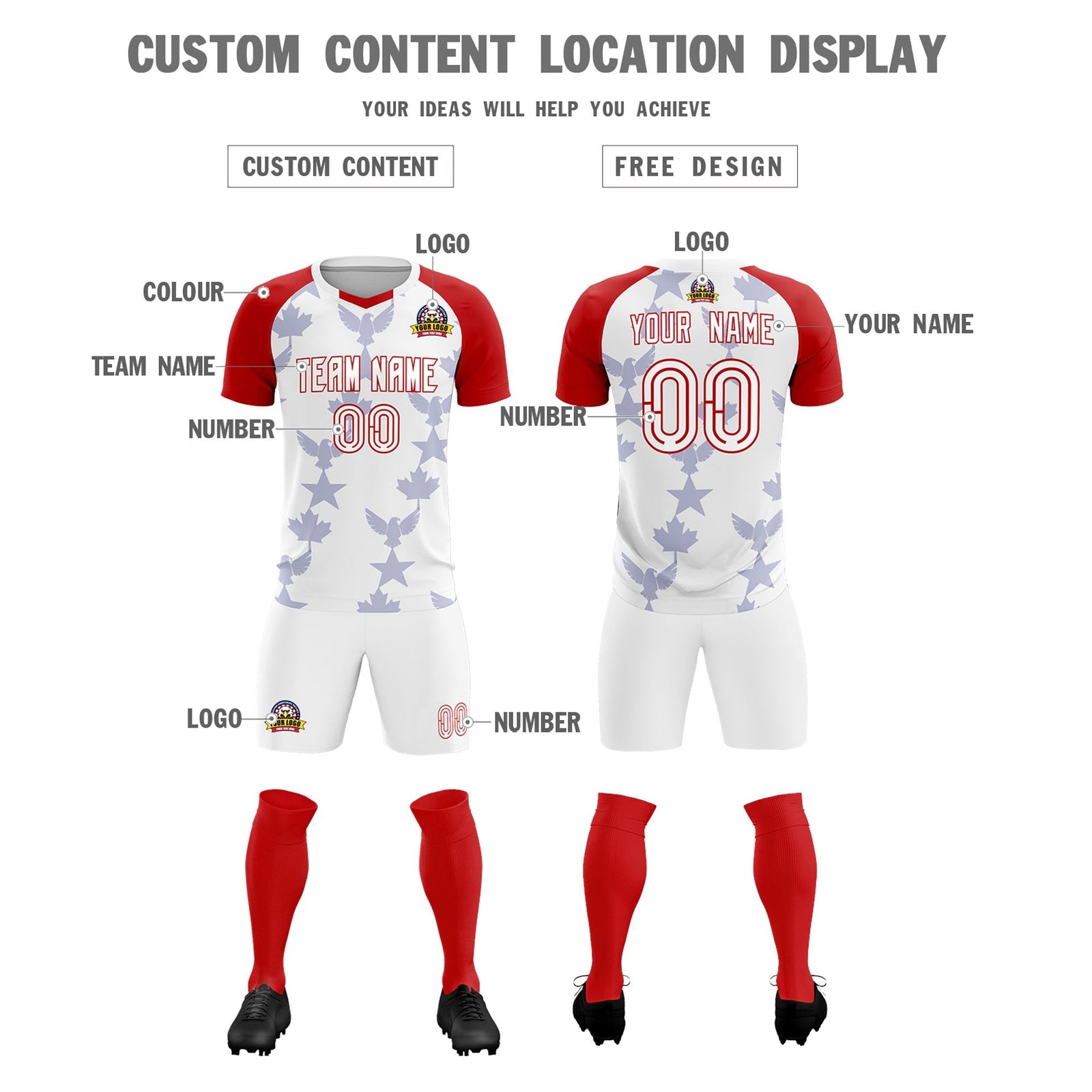 Custom Red White World Cup Inspired Wrinkle-Resistant Training Uniform Raglan Sleeve Soccer Sets Jersey