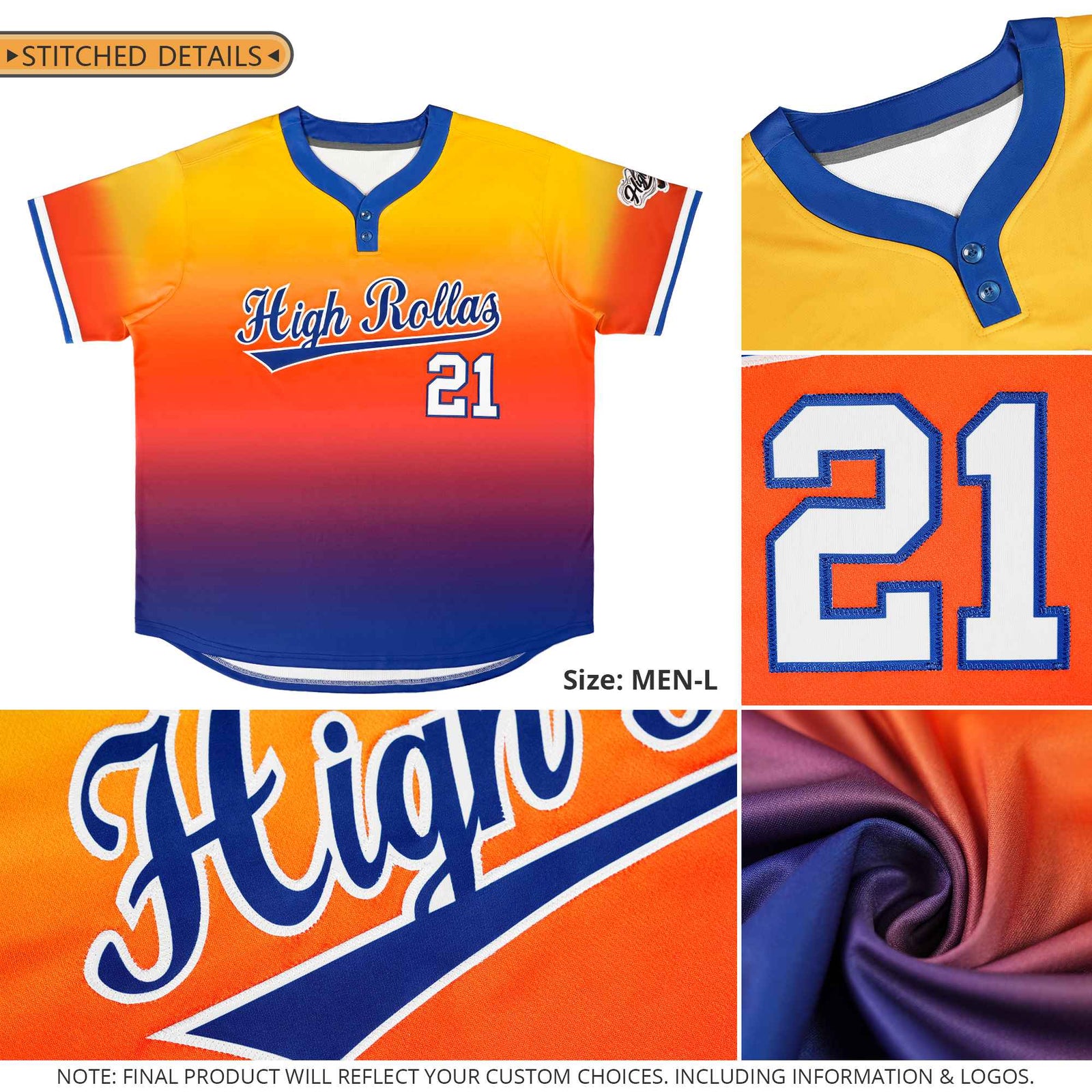 Custom Orange Royal Royal-White Gradient Fashion Authentic Two-Button Softball Jersey