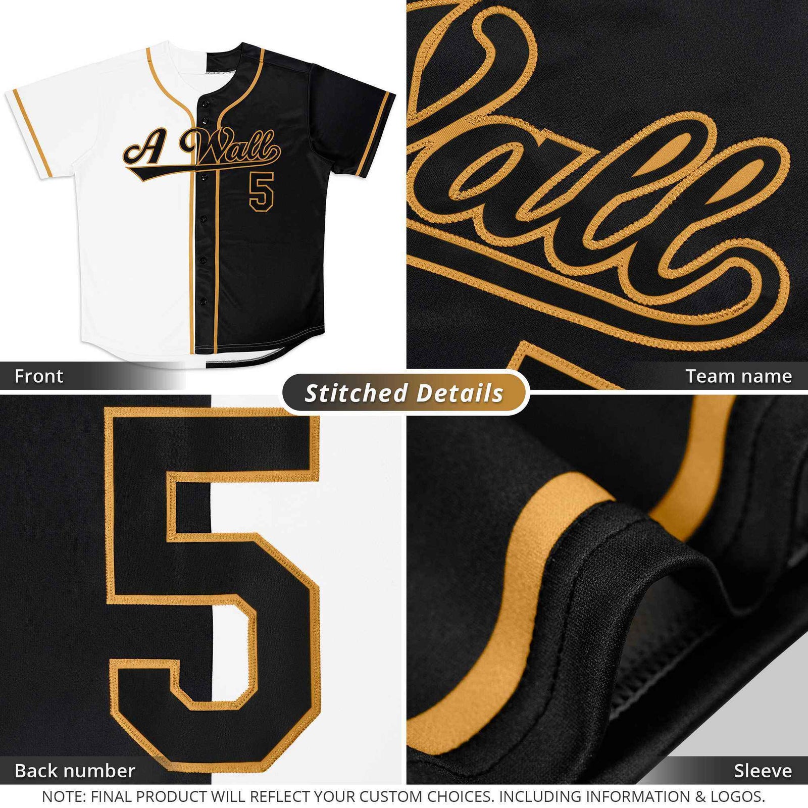 Custom Black White-Old Gold Split Fashion Authentic Baseball Jersey