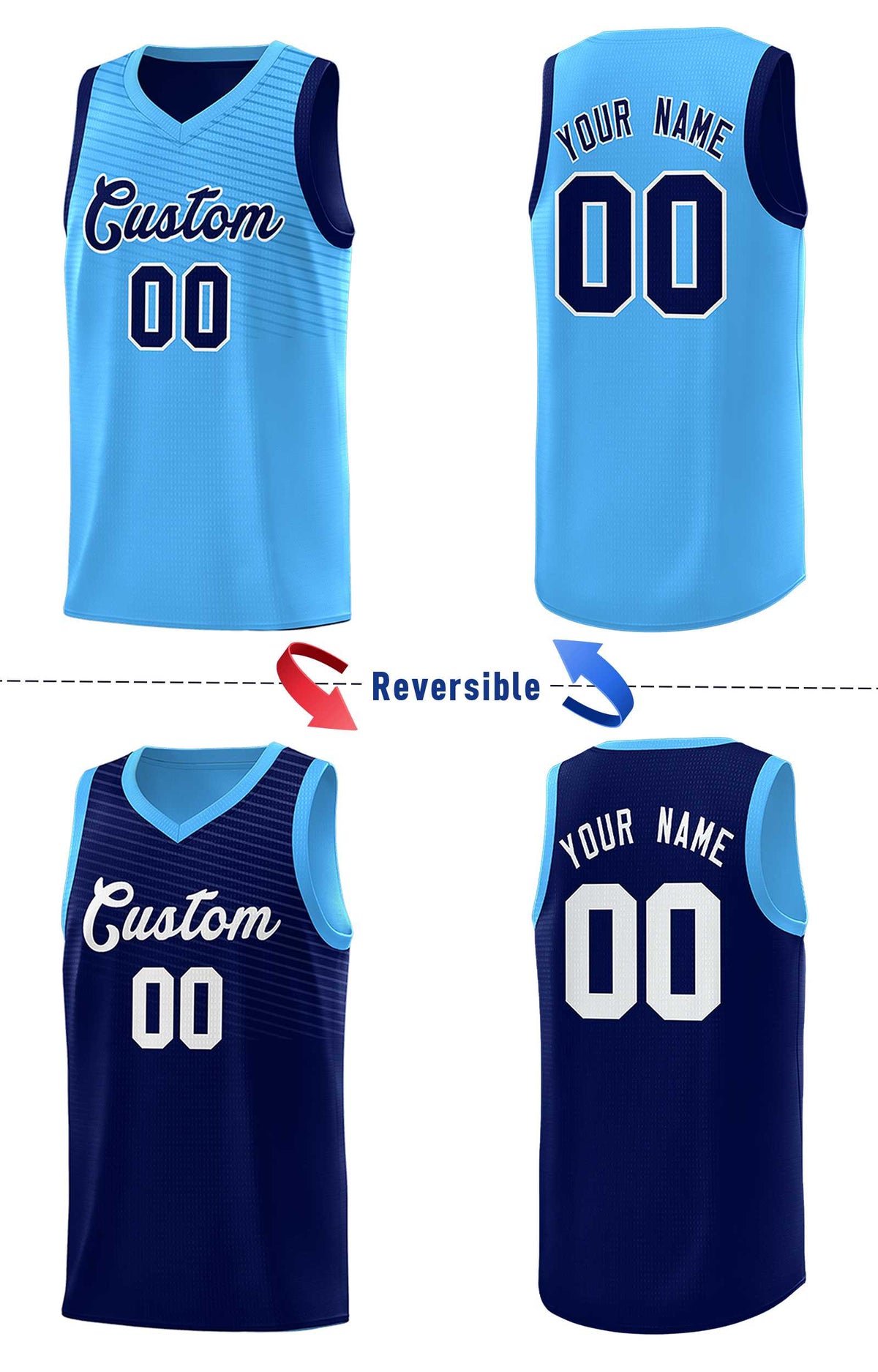 Custom Royal Blue Light Blue Chest Slash Patttern Double Side Sports Uniform Basketball Jersey