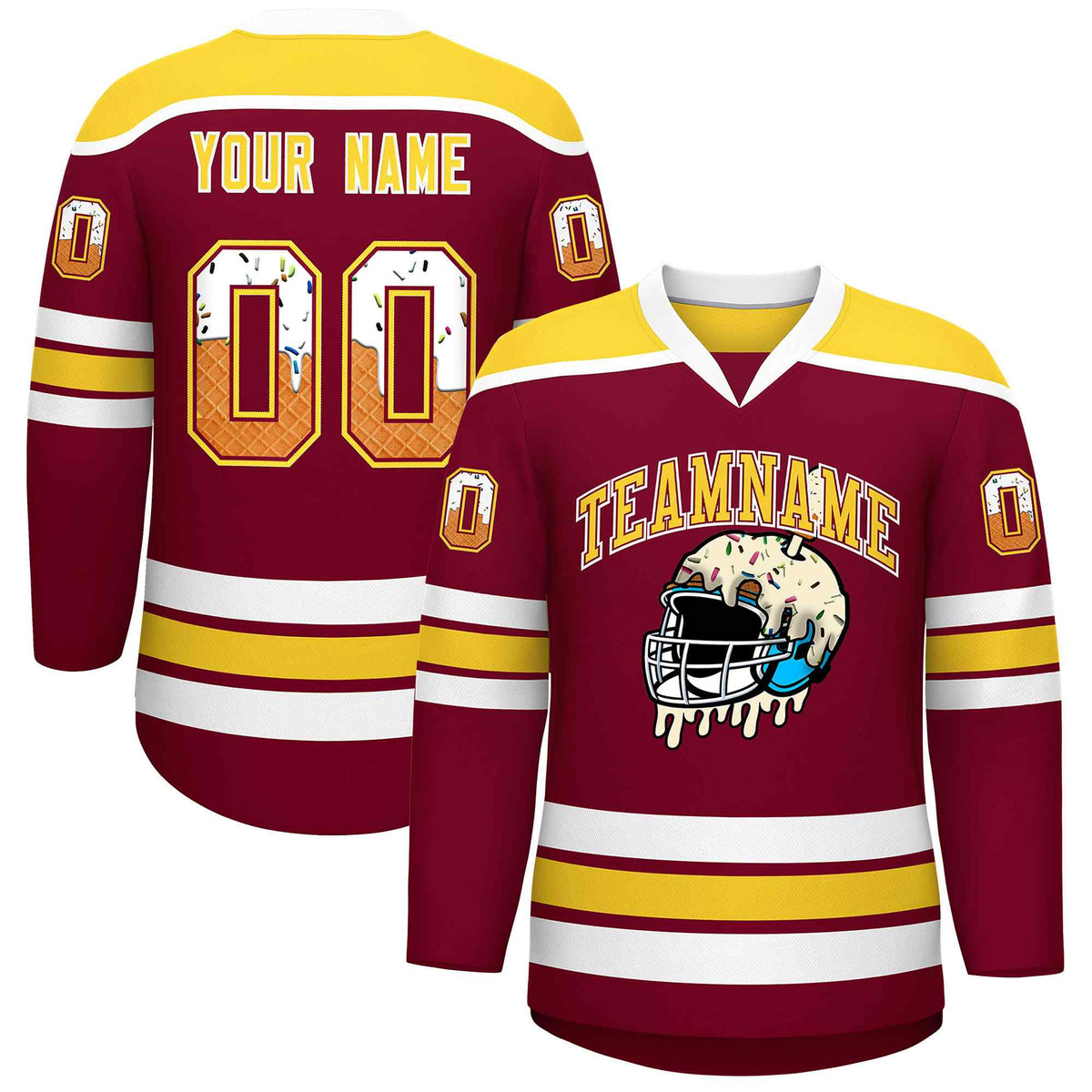 Custom Crimson Gold Ice Cream Helmet Pattern Personalized V-Neck Hockey Jersey