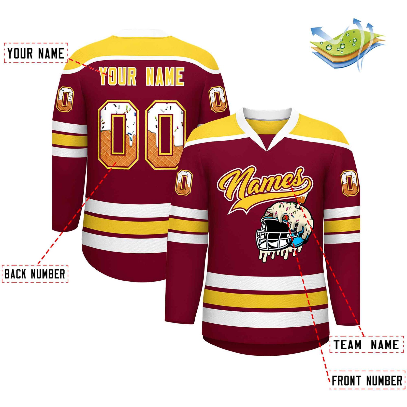 Custom Crimson Gold Ice Cream Helmet Pattern Personalized V-Neck Hockey Jersey