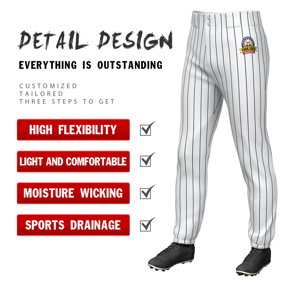 Custom White Navy Pinstripe Fit Stretch Practice Pull Up Baseball Pants