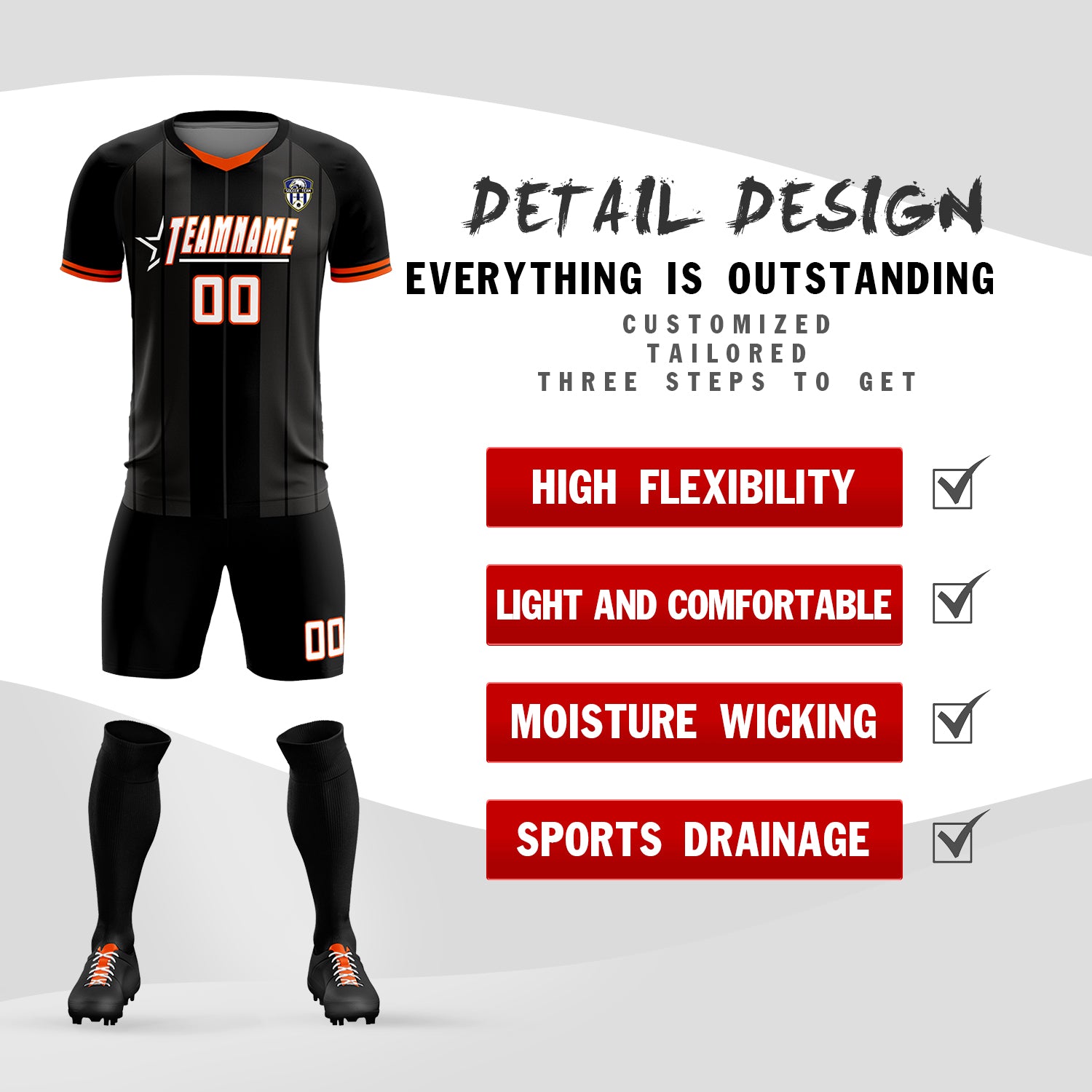 Custom Black Classic Striped Personalized Soccer Tops/Sets Jersey