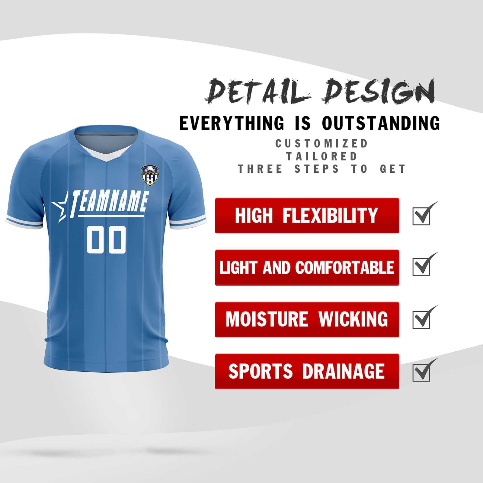 Custom Light Blue Classic Striped Personalized Soccer Tops/Sets Jersey