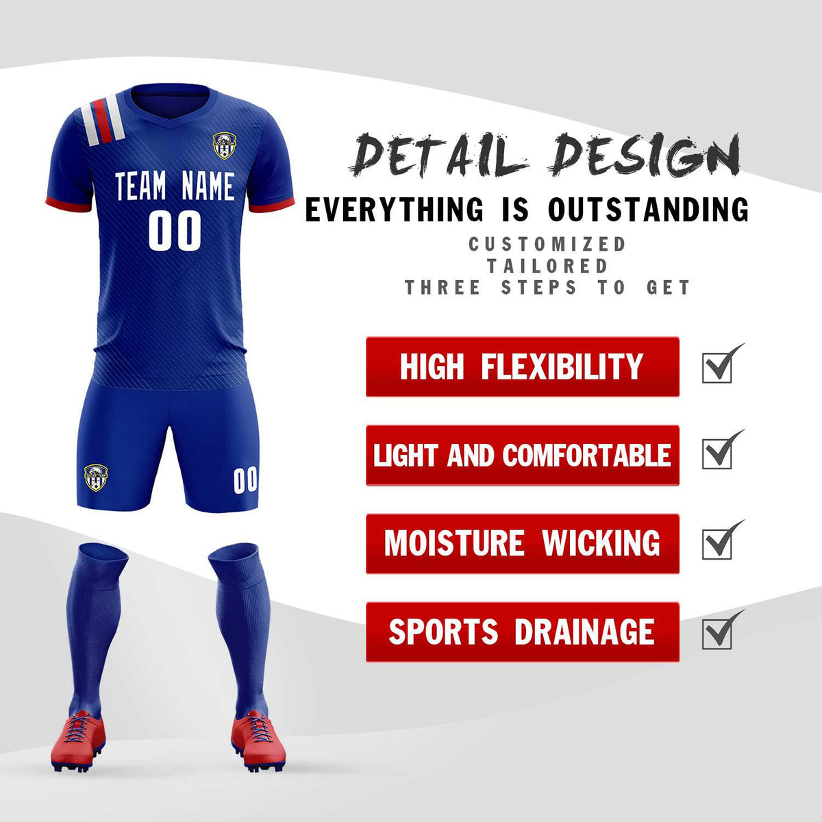 Custom Royal Striped Sportswear Soccer Tops/Sets Jersey For Adults