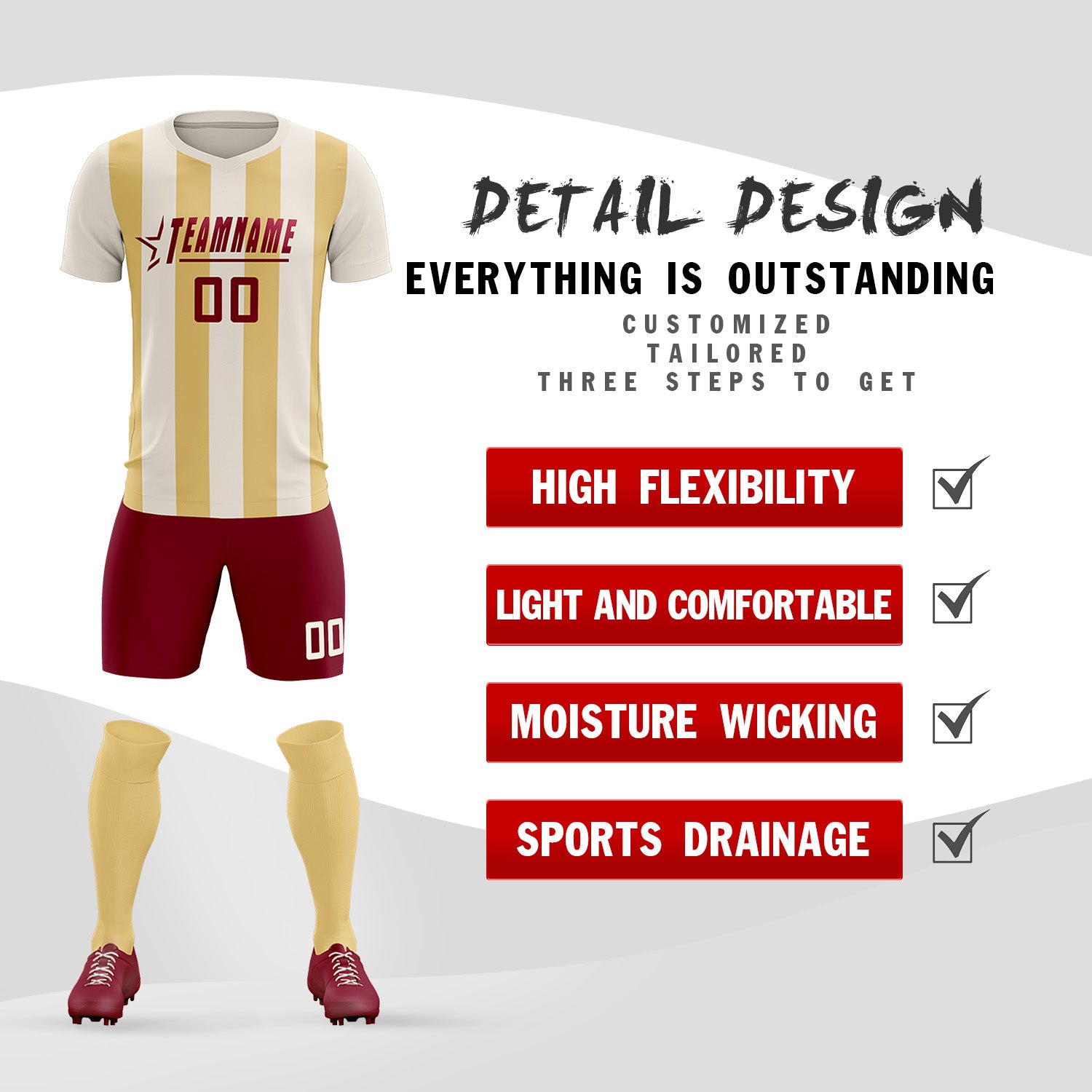 Custom Cream Khaki Vertical Stripes Casual Outdoor Soccer Sets Jersey