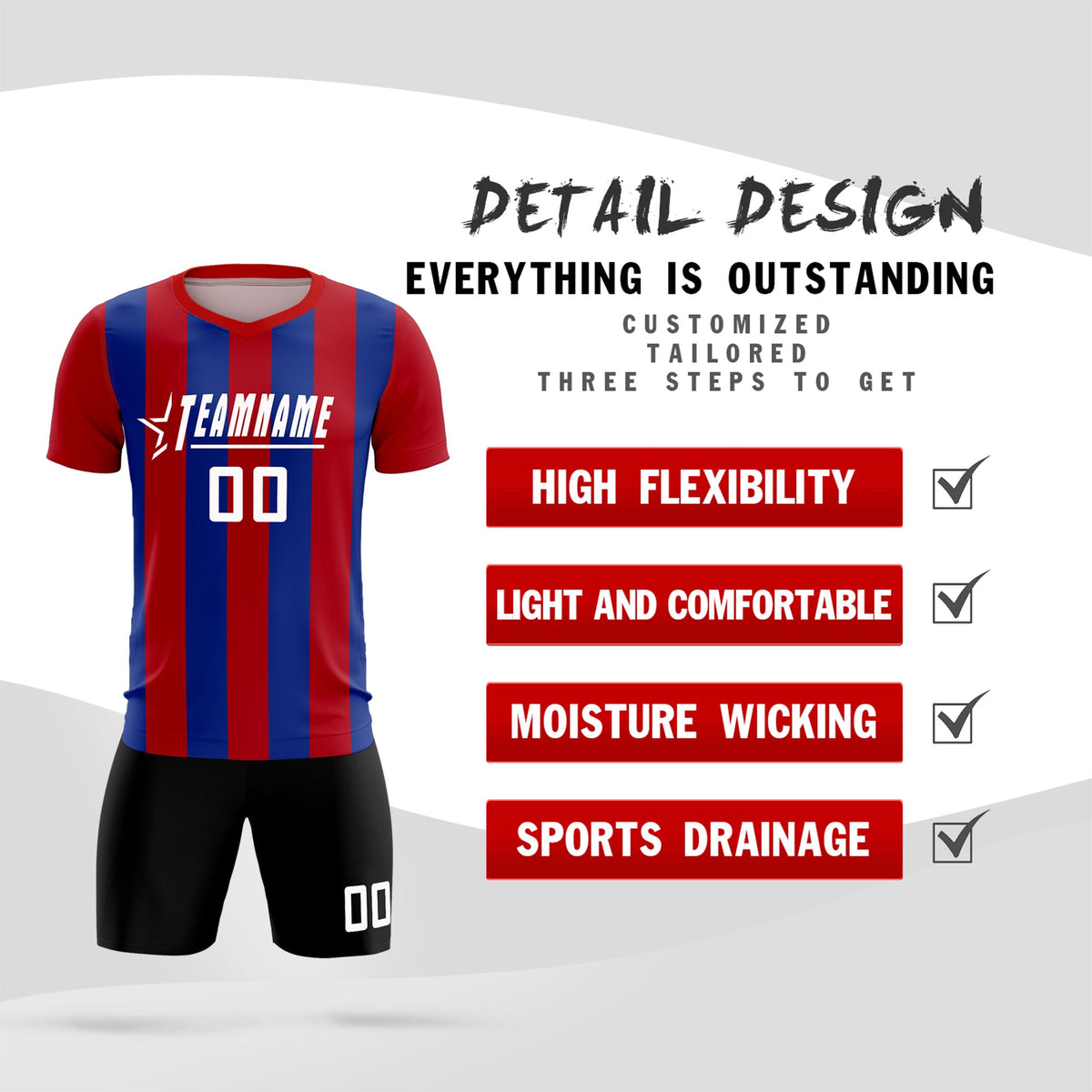 Custom Red Royal Vertical Stripes Casual Outdoor Soccer Sets Jersey
