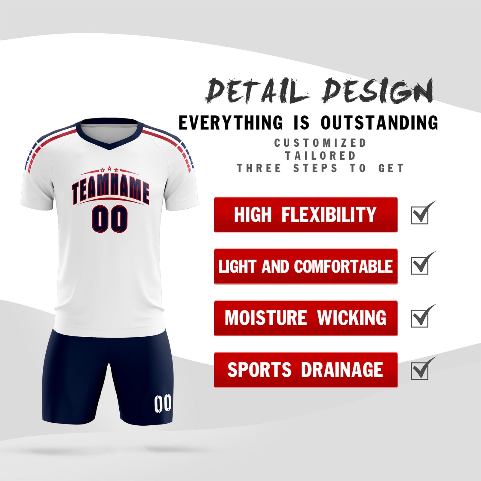 Custom white Striped Quick Dry Tops Soccer Sets Jersey