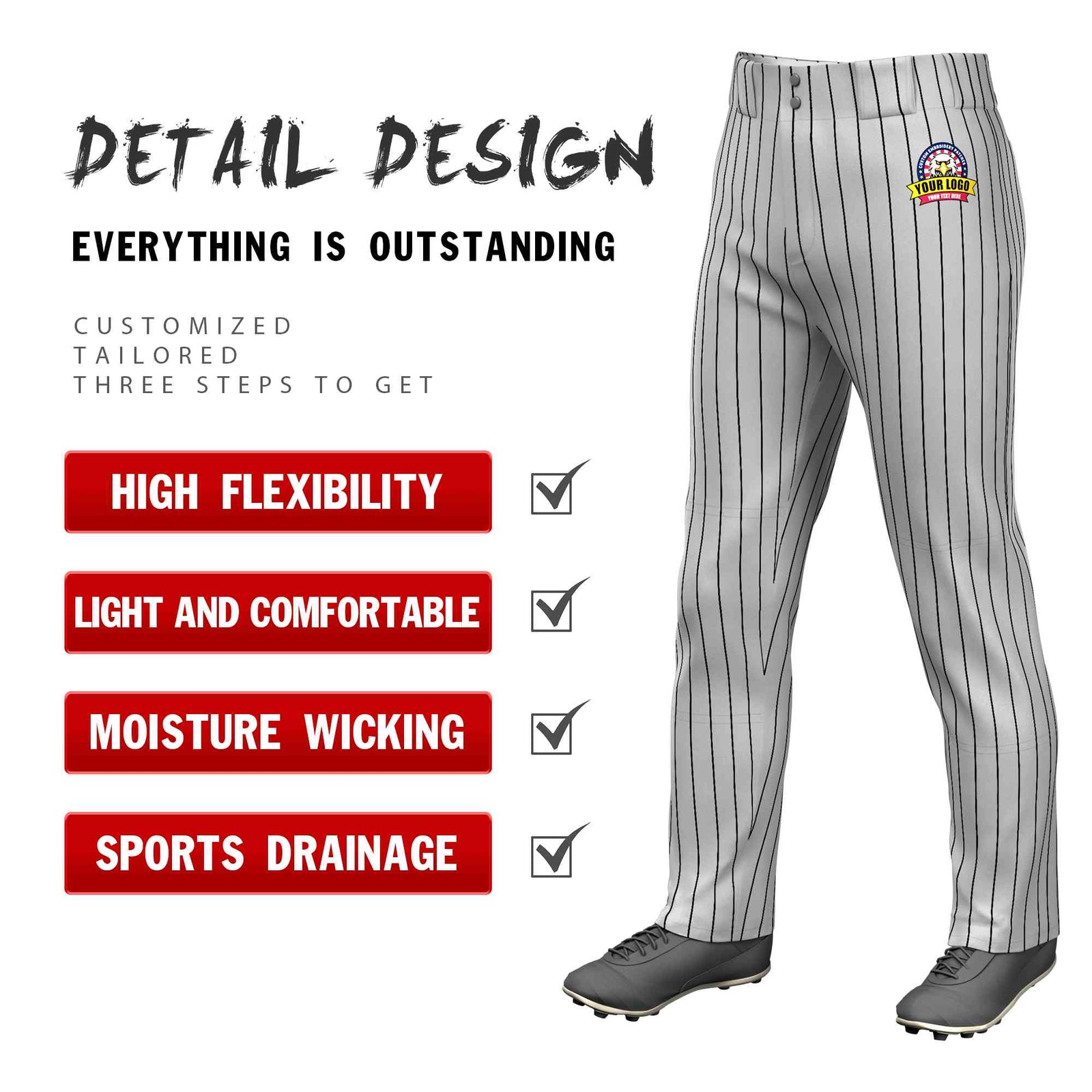 Custom Gray Black Pinstripe Fit Stretch Practice Loose-fit Baseball Pants