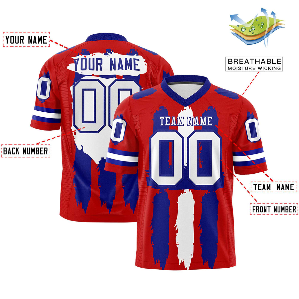 Custom Red Royal and White Graffiti Pattern Flag Football Jerseys