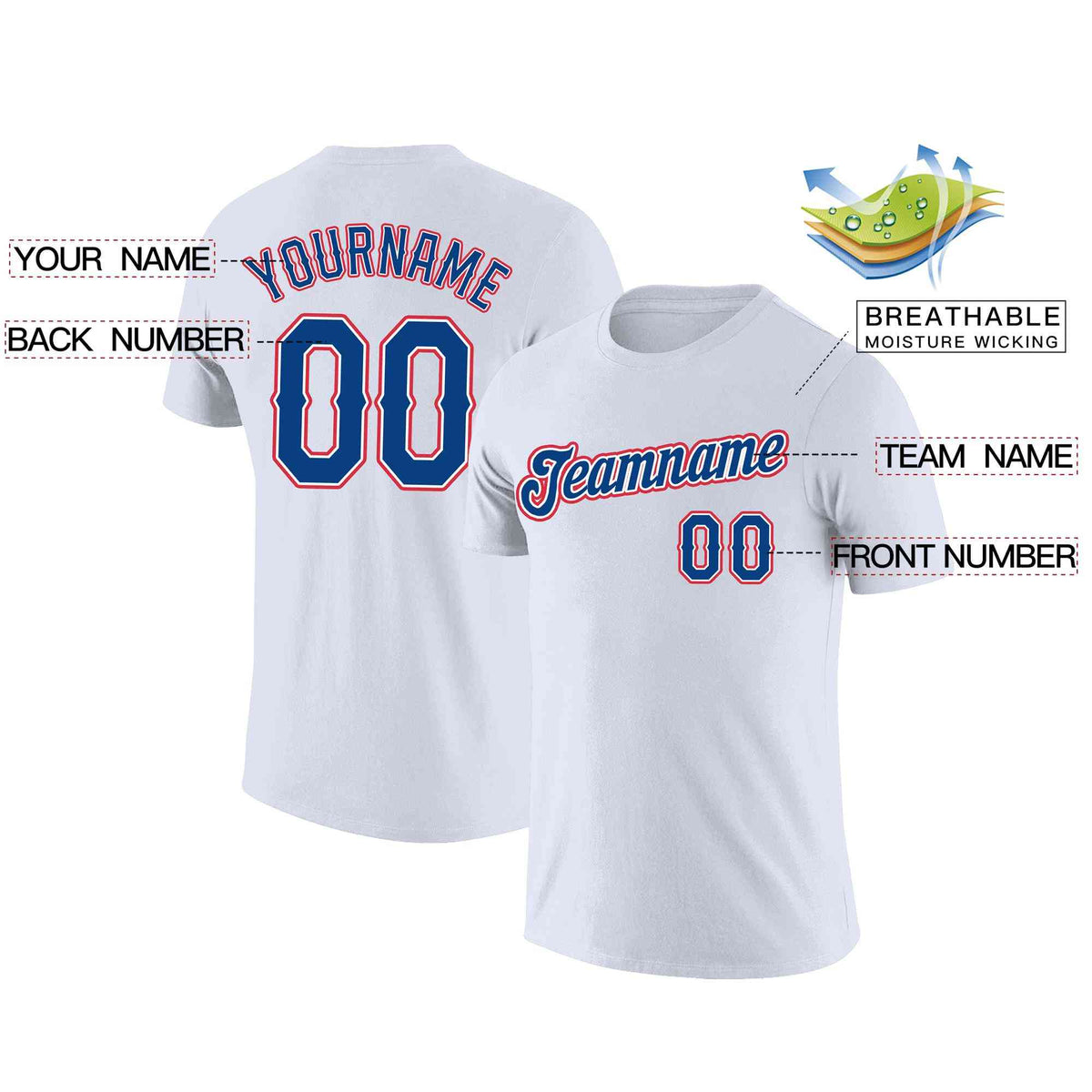 Custom White Royal-White Classic Style Crew neck T-Shirts Full Sublimated