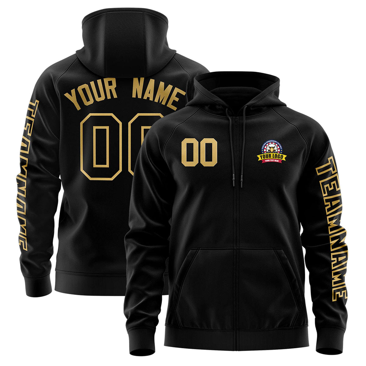 Custom Black Old Gold Varsity Full-Zip Letterman Classic Jacket Hoodie