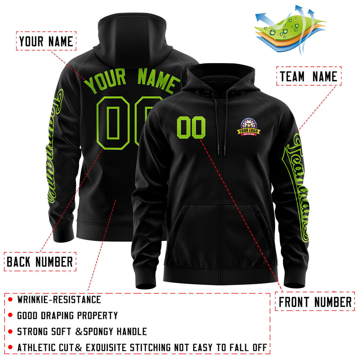 Custom Black Neon Green Varsity Full-Zip Letterman Classic Jacket Hoodie