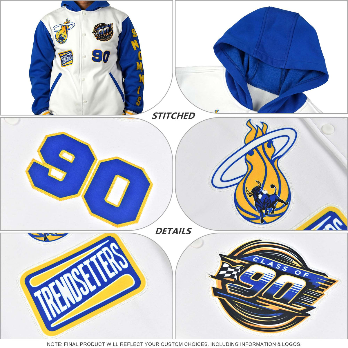 Custom Royal Gold Varsity Full-Snap Letterman Shoulder Color Block Jacket Hoodie