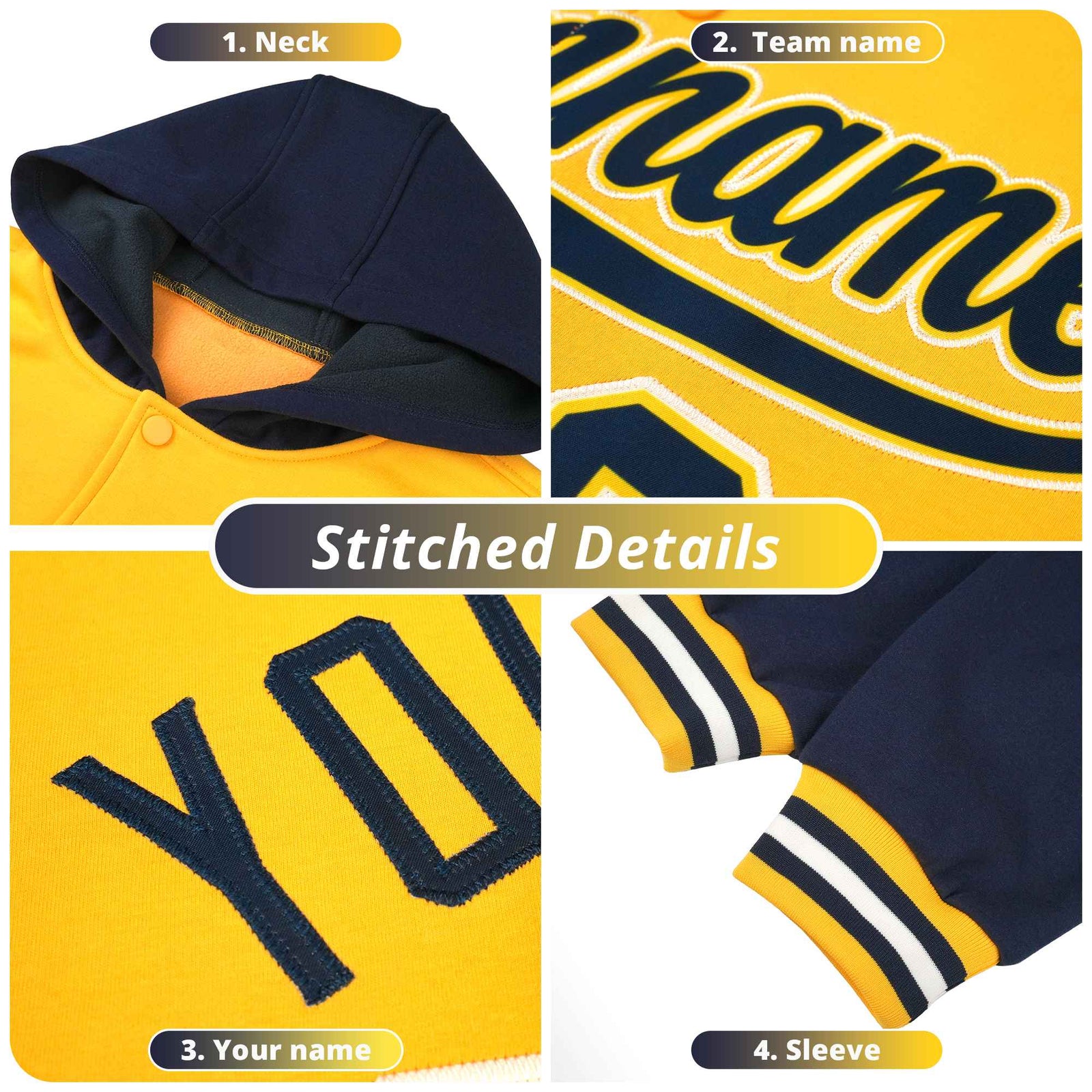 Custom Gold Black Raglan Sleeves Varsity Full-Snap Letterman Two Tone Jacket Hoodie